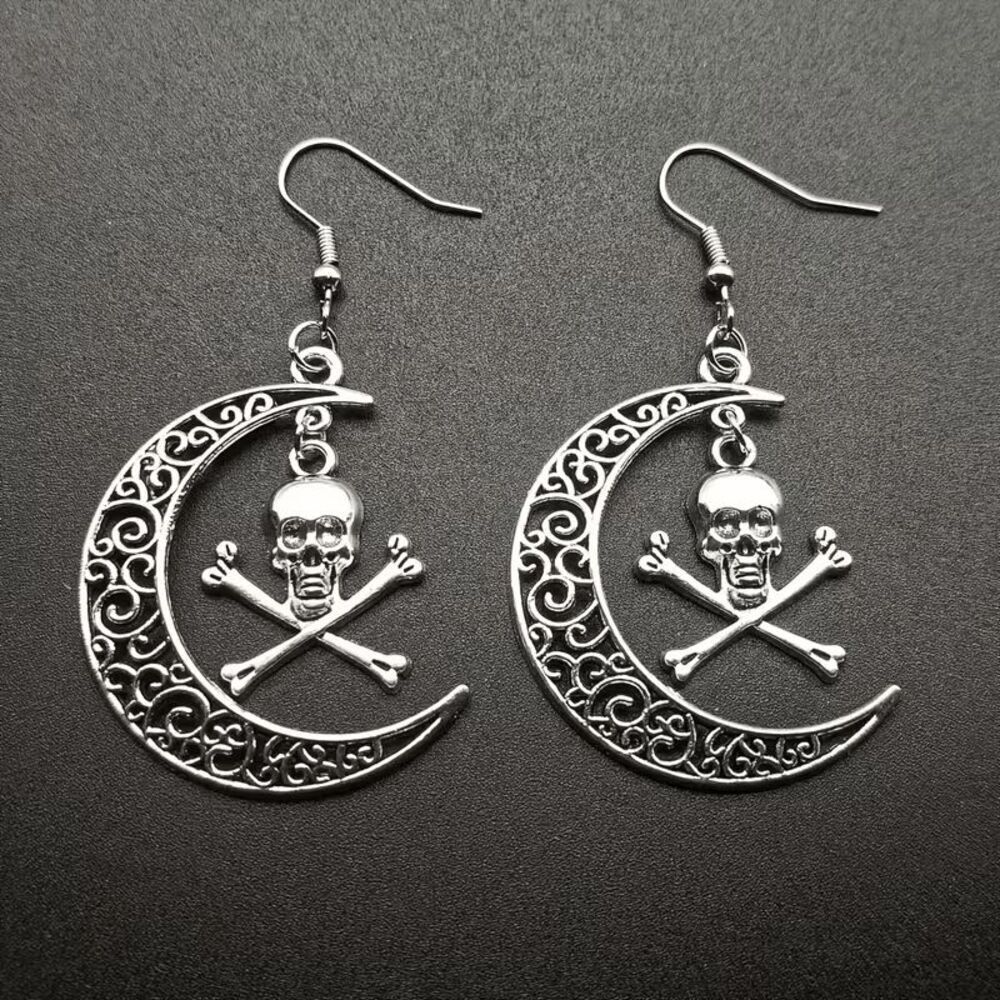 Gothic Skull Crescent Moon Dangle Earrings